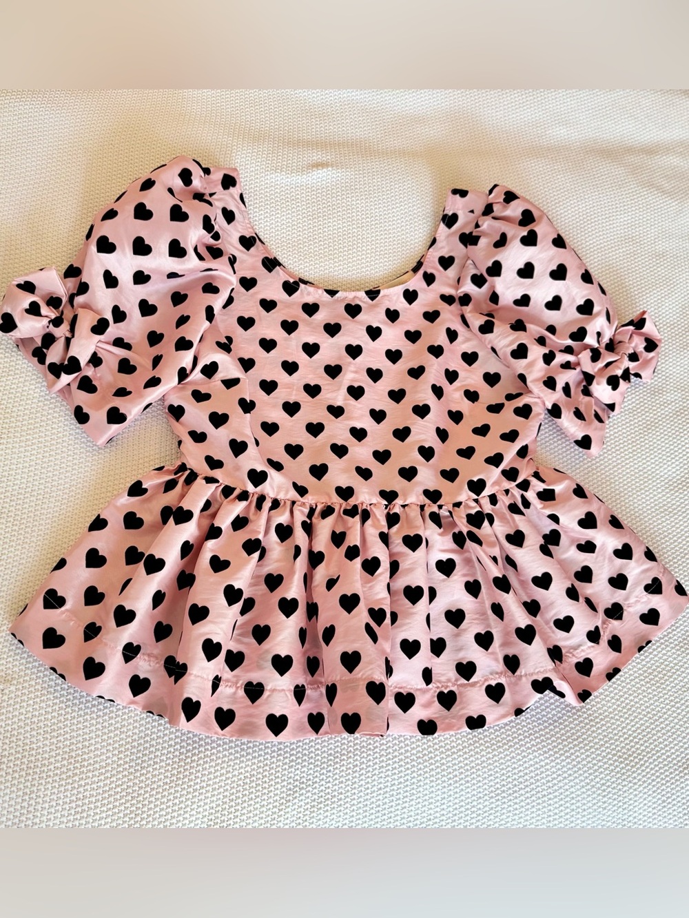 LOVESHACKFANCY Pink Taffeta & Black Velvet Heart Peplum Top Puff Sleeve Blouse - Picture 5 of 16
